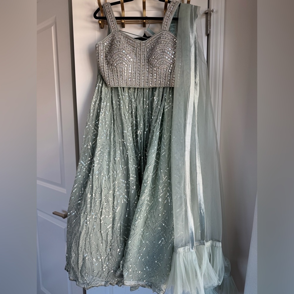 Embellished Sage Green & Silver Sparkle Lehenga with Dupatta